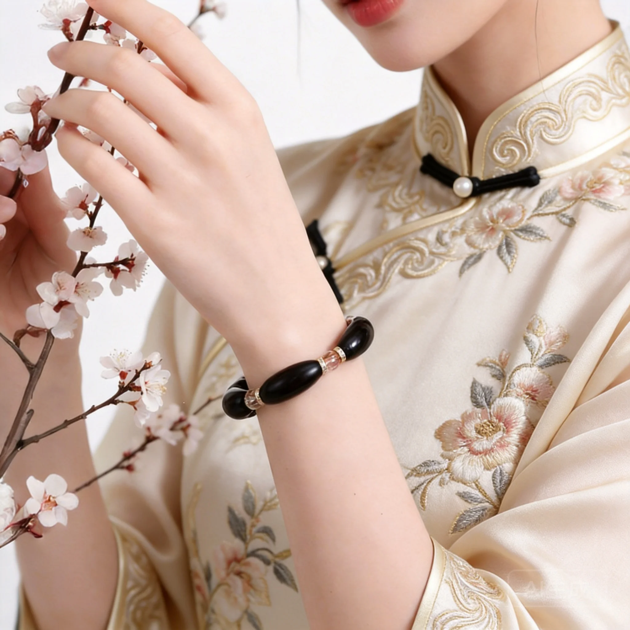 

Chinese Style Lucky Ebony Sandalwood Curved Tube Bracelet Natural Clear Crystal Spacer Beads Handmade Blessing Fortune Attractin