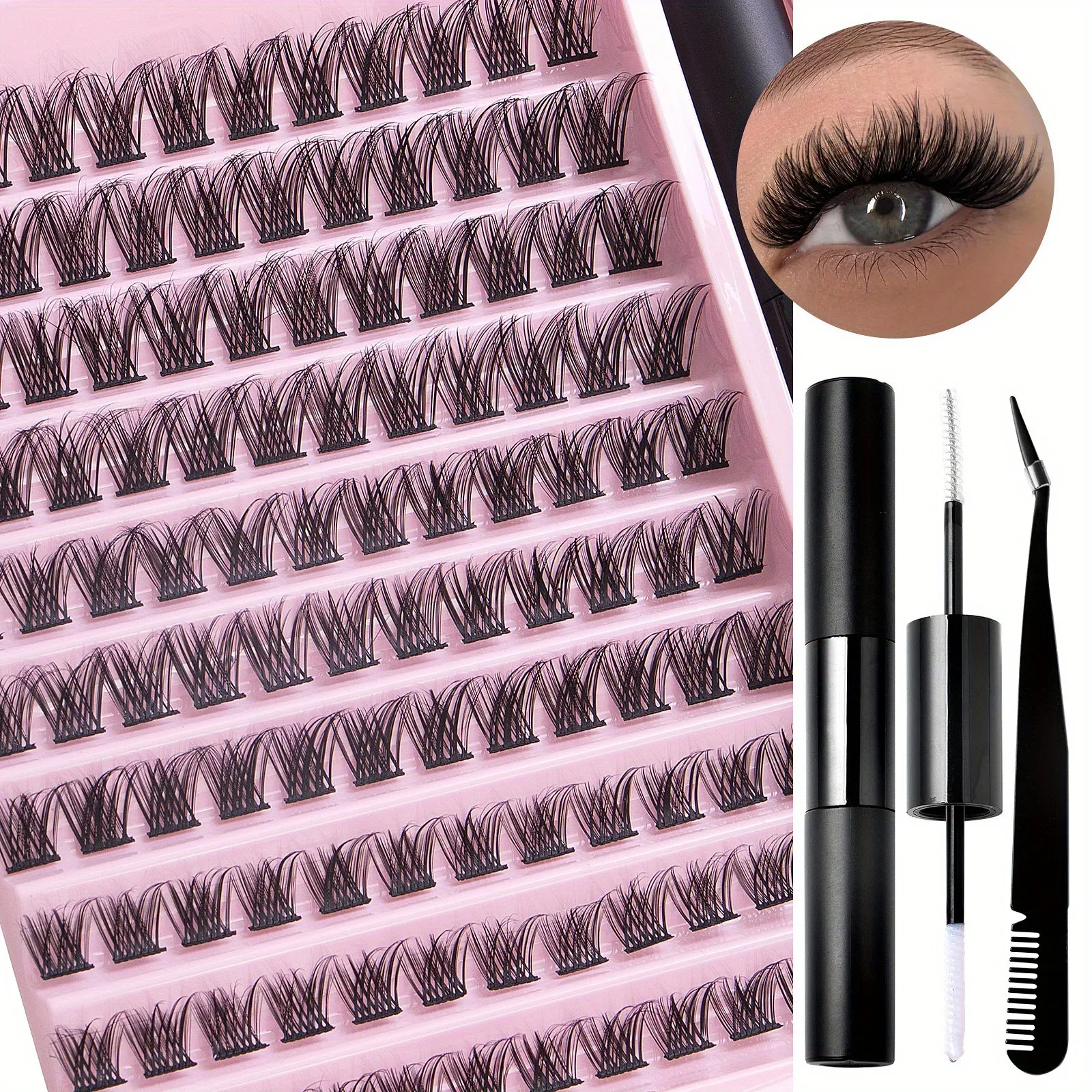 DIY Lash Extension Kit, Lash Clusters With Waterproof Strong Hold Lash Bond And Seal And Eyelash Tweezers Lashes Cluster Kit