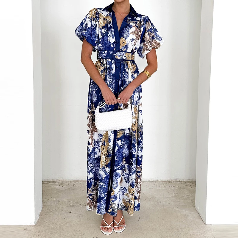 Casual Women's Lapel Shirt Dress Vintage Floral Print High Waist Long Dress Summer Single Breasted Short Sleeved Bohemian Dress