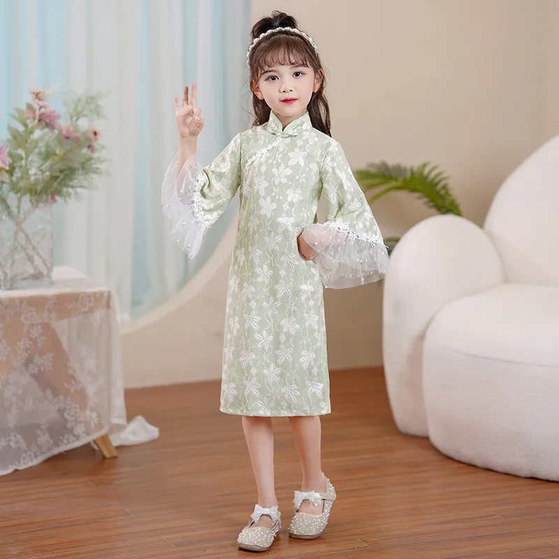 Spring New Lace Embroider Chinese Cheongsam Girls Hanfu Dresses Kids Long Pagoda Sleeve Qipao Princess Summer Cotton Lining