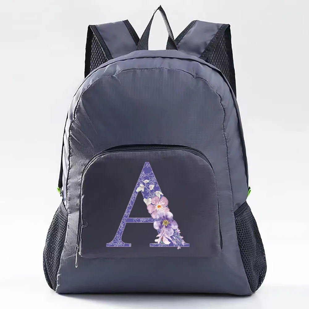 Mochila plegable ultraligera para hombre y mujer, bolsa de Camping con estampado de letras y flores púrpuras, bolsa de viaje gris para montañismo al aire libre