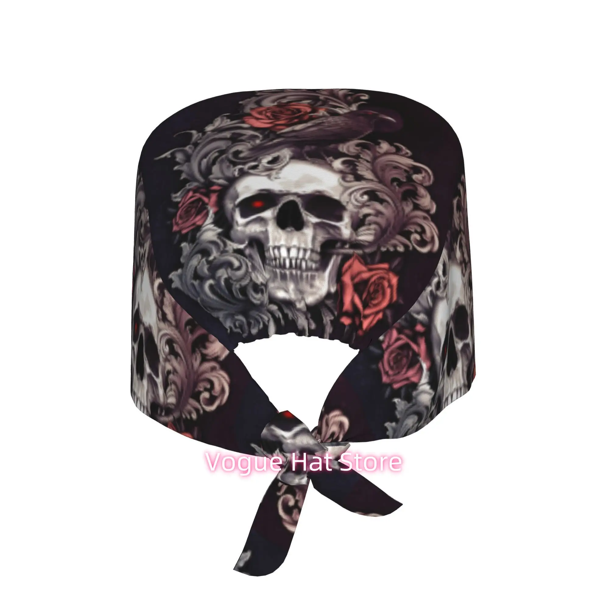 1pc Gothic Skull Print Adjustable Work Cap - Lightweight, Dustproof Unisex Chef & Nurse Hat with Tie-Back Design for Halloween,