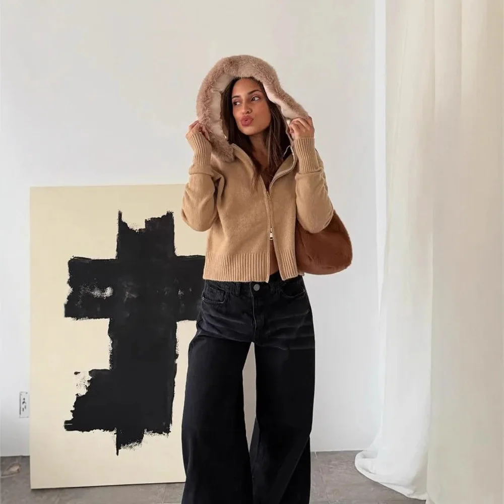 

Women Faux Fur Collar Knit Zip Up Cardigan Full Front Zipper Rib Cuff Hem Loose Cropped Warm Long Sleeve Sweater Coat 260602