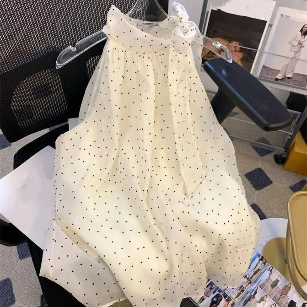

Chic Bow Polka Dot Shirt Retro Y2k Women's Puff Shirt Gentle French Style Hanging Neck Sleeveless Top Lady