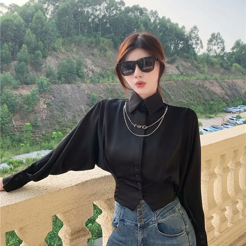 Vintage Elegant Button Solid Chiffon Shirt Spring Autumn 2024 New Polo-Neck Long Batwing Puff Sleeve Slim Blouse Women\'s Clothes