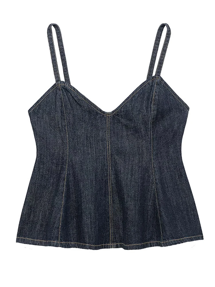 Vrouwen Baggy Denim Vest Golven Brede Zoom Denim Tops Mouwloos V-hals Cinching Taille Jeans Vest Casual Uitloper Effen Zomer tops