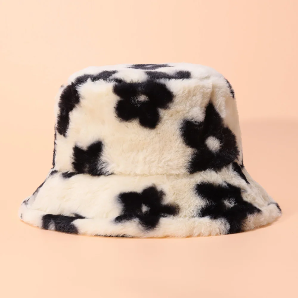 Blume Plüsch Flauschigen Eimer Hut Frauen Fischer Hut Winter Outdoor Faux Pelz Dicke Warme Panama Kappe Bob Femme – Detail 4