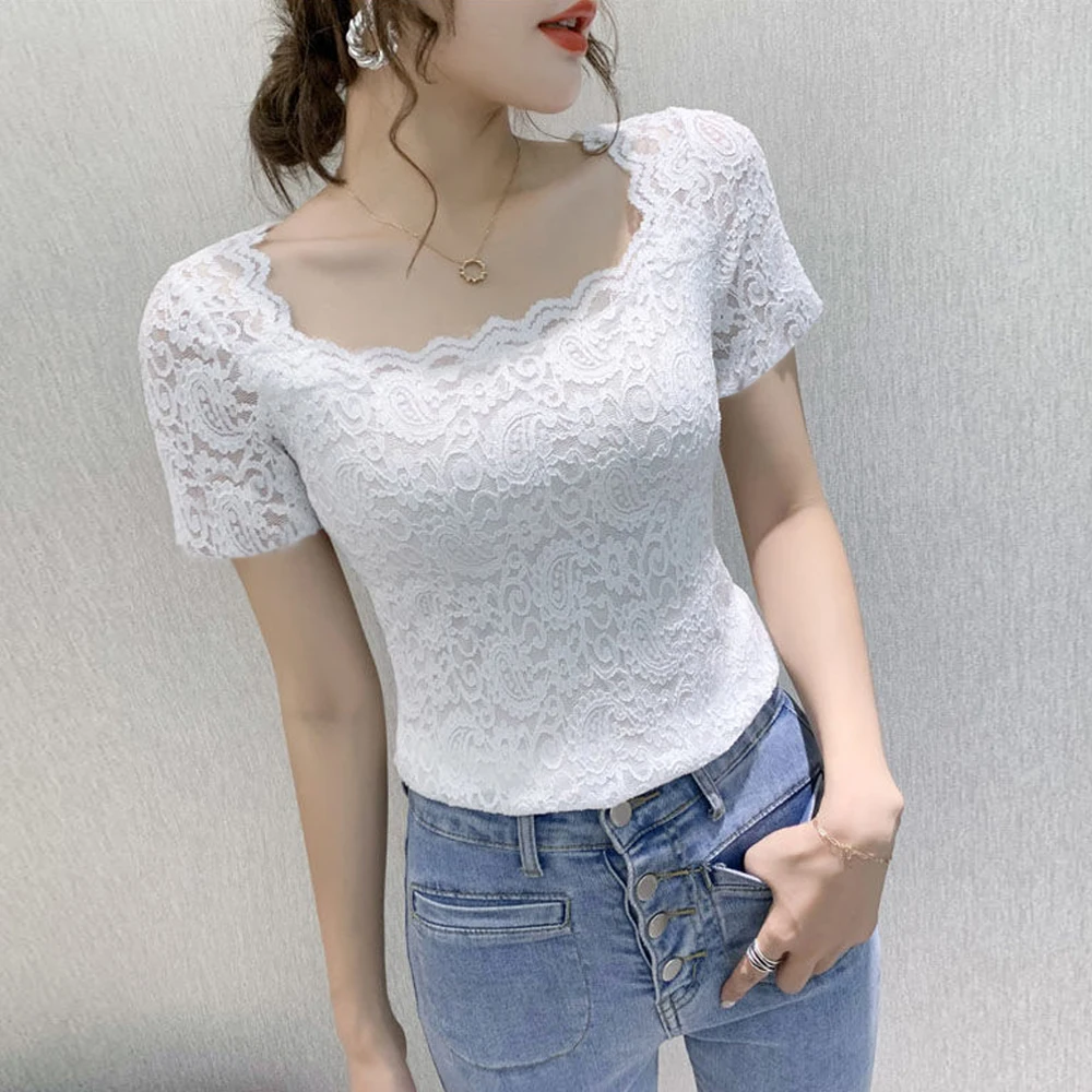 S-2XL Stretchy Persian Pattern Lace T Shirt Women Stretch Knitted Square Neck Short Sleeve Blouse Fashion Female Blouses Shirt