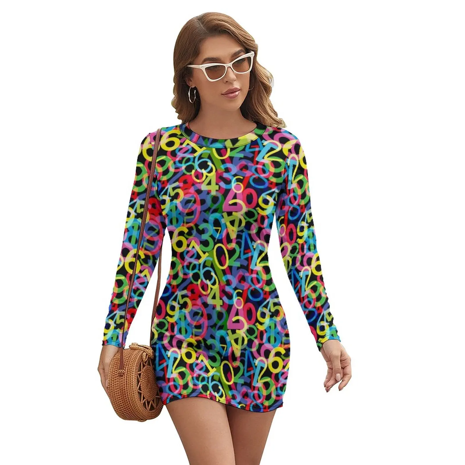 Colorful Math Dress Women Numbers Print Aesthetic Bodycon Dress Spring Long Sleeve Night Club Dresses Graphic Big Size Clothes