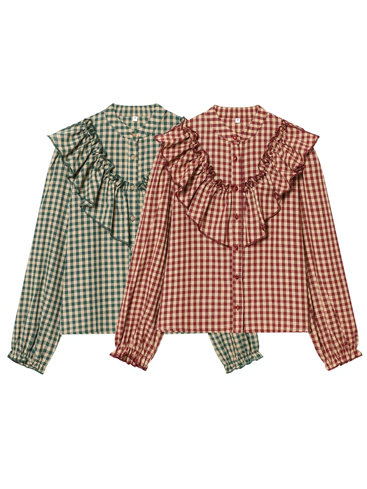 เสื้อเชิ้ตผู้หญิงลำลอง TFMLN แฟชั่นตกแต่งระบายชั้นๆ ลายสก็อตเก๋ไก๋ แขนยาว เสื้อเบลาส์สำหรับฤดูใบไม้ผลิและฤดูใบไม้ร่วง เสื้อติดกระดุมสุดชิคสำหรับผู้หญิง ﻿