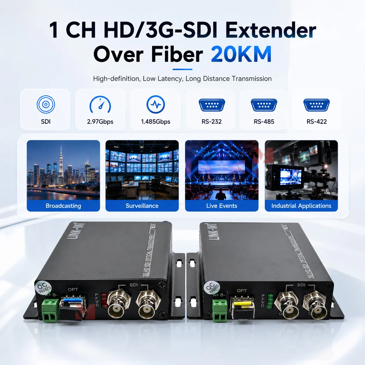 1CH 3G-SDI HD-SDI Fiber Extender 20KM Optical Transmitter Receiver with Embedded Audio SDI Video Converter SMPTE 292M