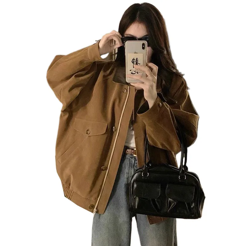 

American Vintage Maillard Tooling Jacket Women's Autumn Loose Stand-Up Collar Suede Splicing Leather Jacket Hong Kong Style