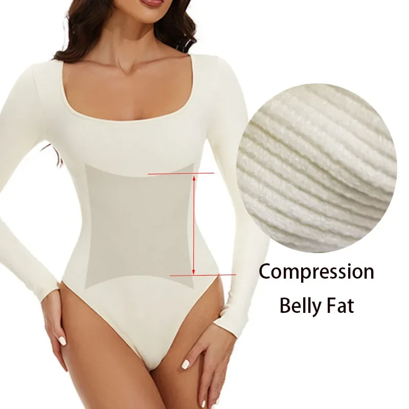 Dimmkof Long Sleeve Shaping Suit Square Ribbed Stretch Tops Belly Body Seamless Shaper Shapewear Thong Shirt Panties Top Suits