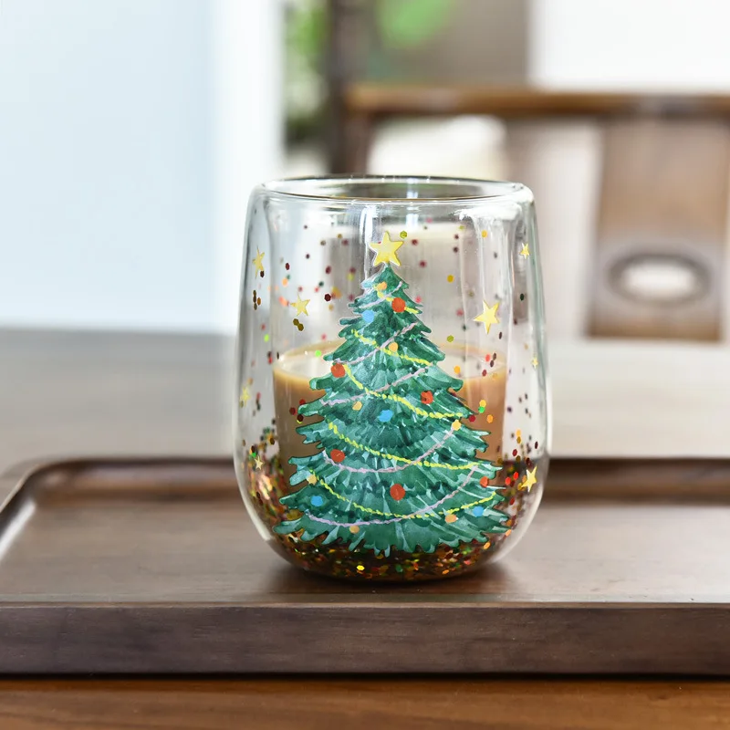 Christmas Tree Glass Cup Double Wall Flowing Sequins Cartoon Cute Heat Insulation Drinking Water Cup Gift for Christmas Birthday