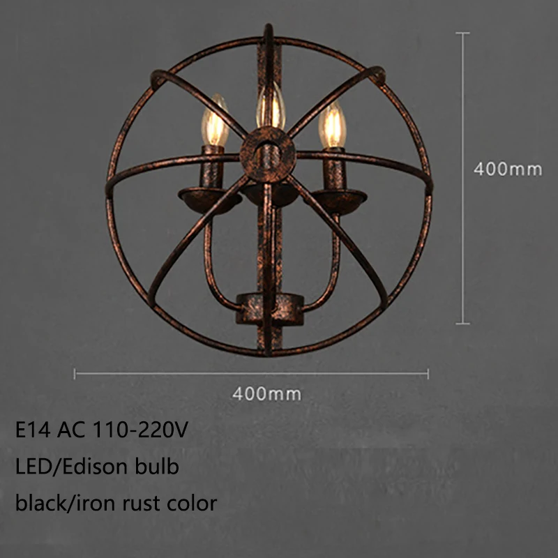 

Loft Industrial round style black iron rust retro 3 lights wall lamps E14 LED sconce for living room bedroom bar