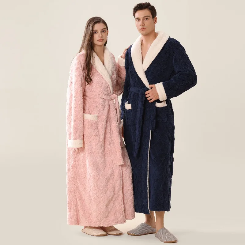 

Couple's Pajama Jacquard Cotton Velvet Autumn and Winter New Style Nightgown with A Collar for Warmth and Comfort Home Wear