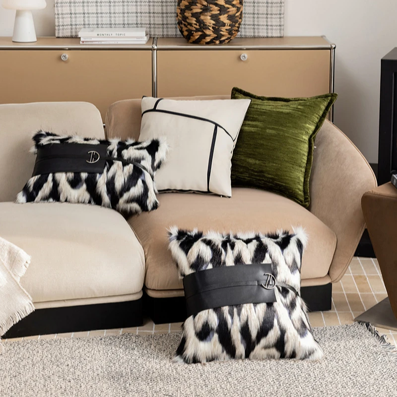 Luxury Black White Cushion Cover Plush & PU Leather Patchwork Pillow Case Jacquard Woven Sofa Bedroom Decor Elegant Home Accents