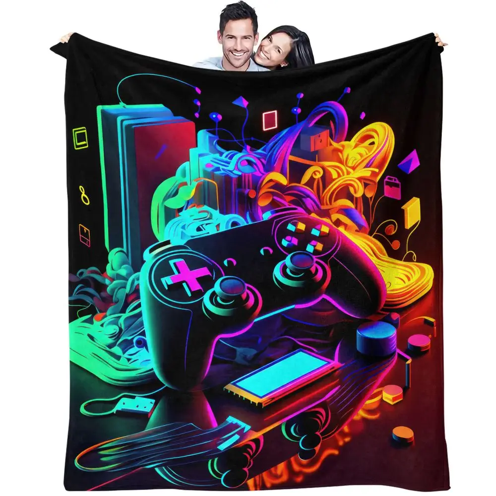 Neon Game Controller Print Flannel Blanket Throw Blanket Warm Blanket Gift Blanket Soft Cozy Bedding for Gamer Teen Decor