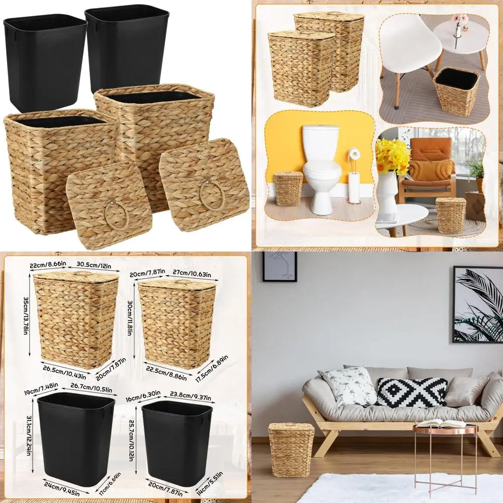 

Large Wicker Wastebasket with Lid and Removable Liner for Home Office, Bedroom, and Kitchen - Eco-friendly Farmhouse Style Trash