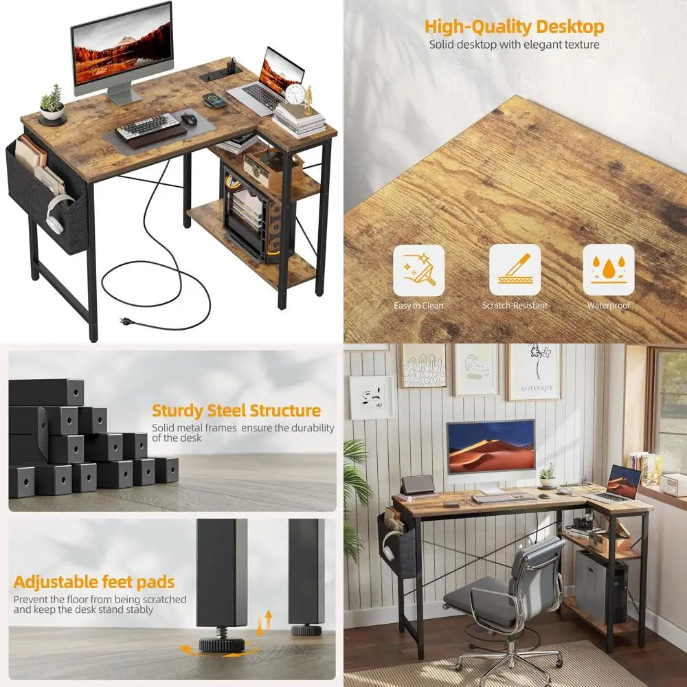 

40 Inch L-Shaped Computer Desk with Power Outlets, Reversible Shelves, Corner Desk for Gaming, Study, and Writing in Small Space
