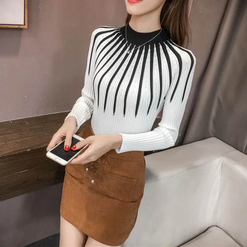 2023 New Casual O-neck Versatile Printing Women Clothing Slim Fit Knitting Fashion Contrasting Colors Long Sleeved Pullovers