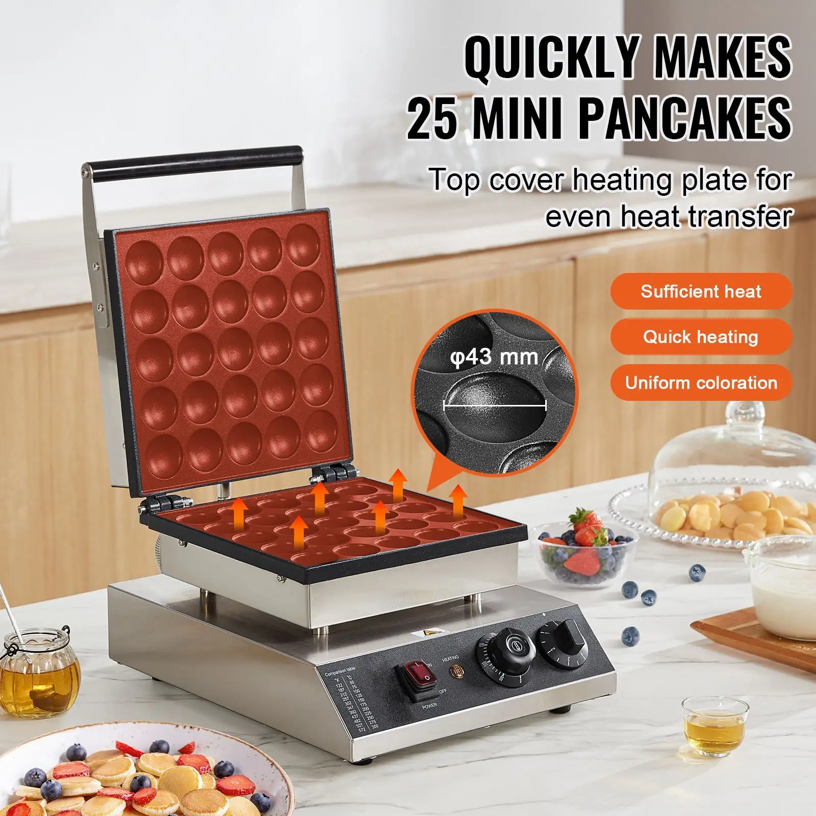 Mini Dutch Pancake Maker, 25PCS 43mm Diameter Dorayaki Baker Machine, 1700W Commercial Electric Poffertjes Grill, Non-stick Stai