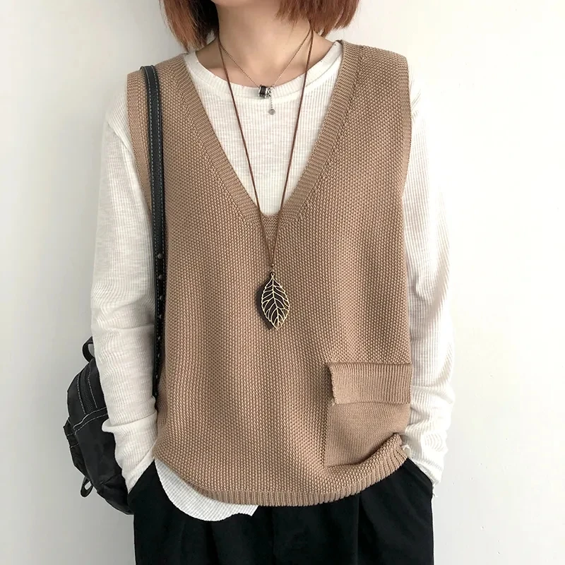 Autumn New Knit Waistcoat Women V-Neck Pullovers Large Size Sleeveless Sweater Loose Vest