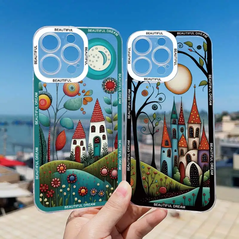 Hand Painted Forest House Clear Phone Case For iphone 15 14 Pro Max Plus 13 12 Pro Max 11 X XR XS 7 8 Plus SE2 Transparent Cover