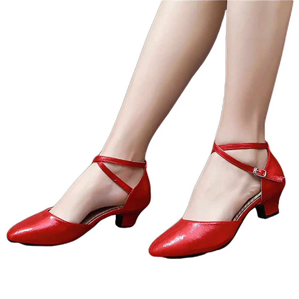 CLYFAN Women's Shiny Leather Latin Dance Shoes Mid Heel Ankle Strap Ballroom Salsa Tango Party Dancing Shoes for Ladies