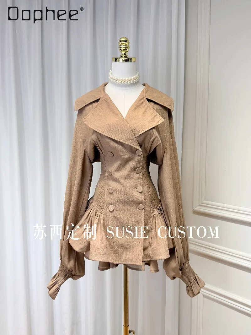 

French Retro Large Lapel V-neck Double-breasted Slim Fluffy Ruffle Edge Long Top Skirt Two-piece Temperament Professional Suit