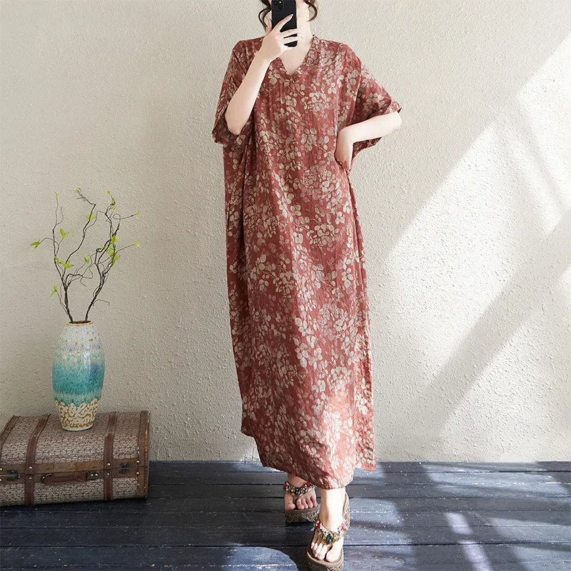 

Летнее свободное платье-халат с V-образным вырезом из хлопка и льна, больших размеров, в стиле ретро, скрывающее недостатки фигуры, длинное, в художественном стиле, для отпуска, повседневное