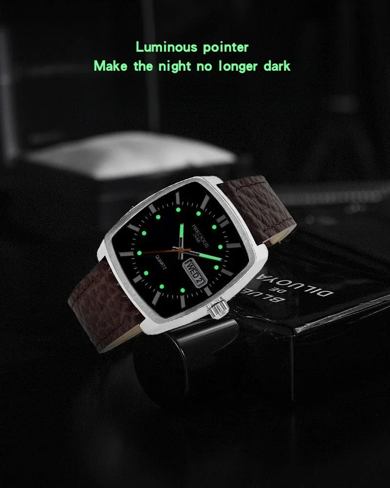 Classic Square Tonneau Men's Watch Double Calendar Leather Vintage Fashion Men's Quartz Watch Relogio Masculino Reloj Hombre