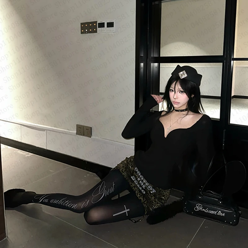 Fashionable letter print Y2K style tight punk black sexy pantyhose Gothic Lolita cute casual socks Emo girl retro 2000s punk image 3