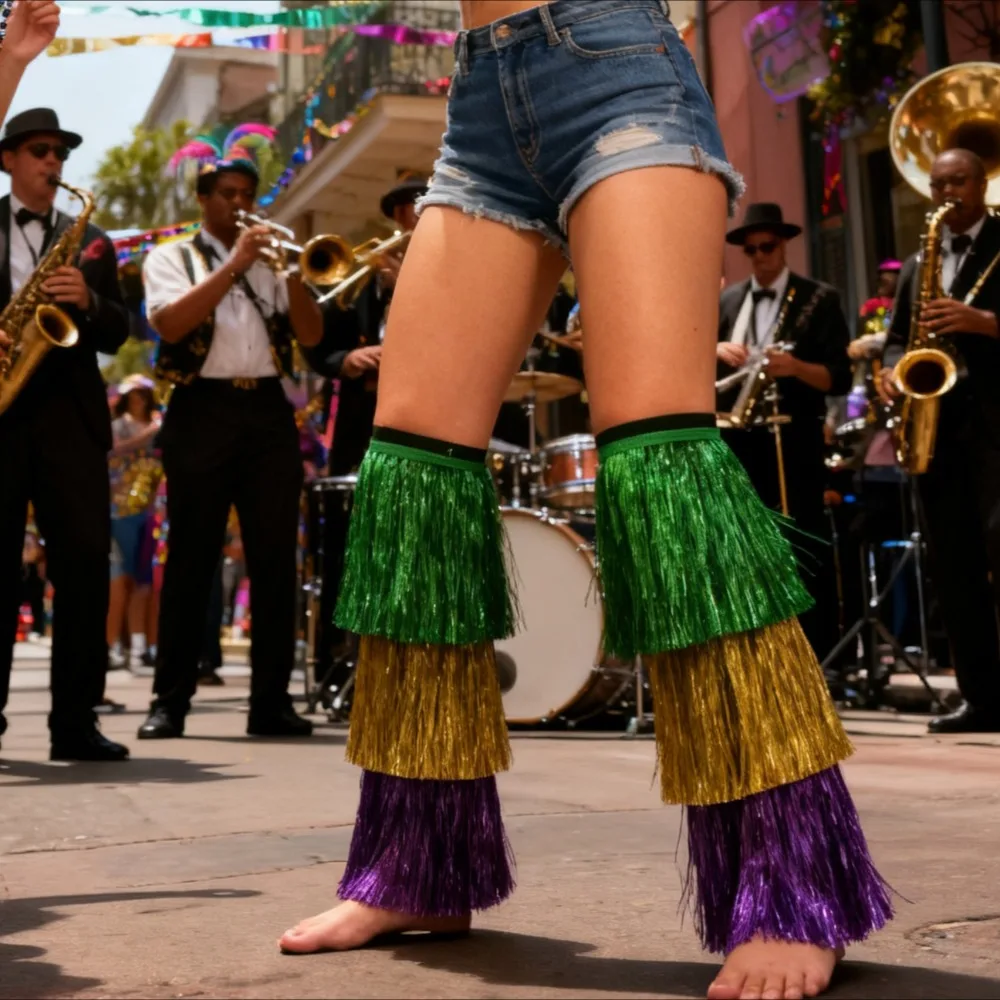 

Three-Tone Fringe Leg Warmers - Purple Yellow Green Party Costume Leg Covers for Festival Role Play