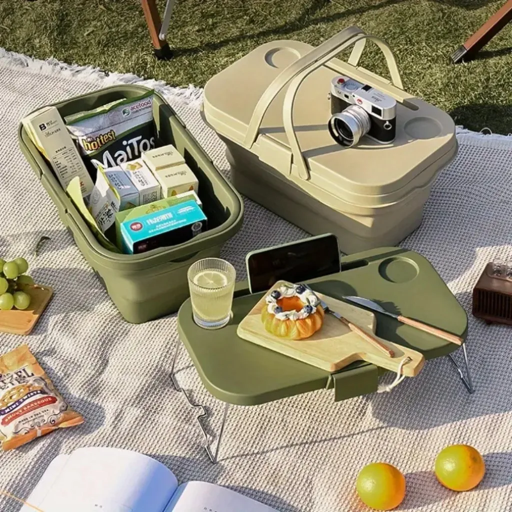 1pc Large Capacity Portable Heavy Duty Foldable Picnic Basket with Lid For Camping Outdoor Picnic Fruit Foldable Storage Basket