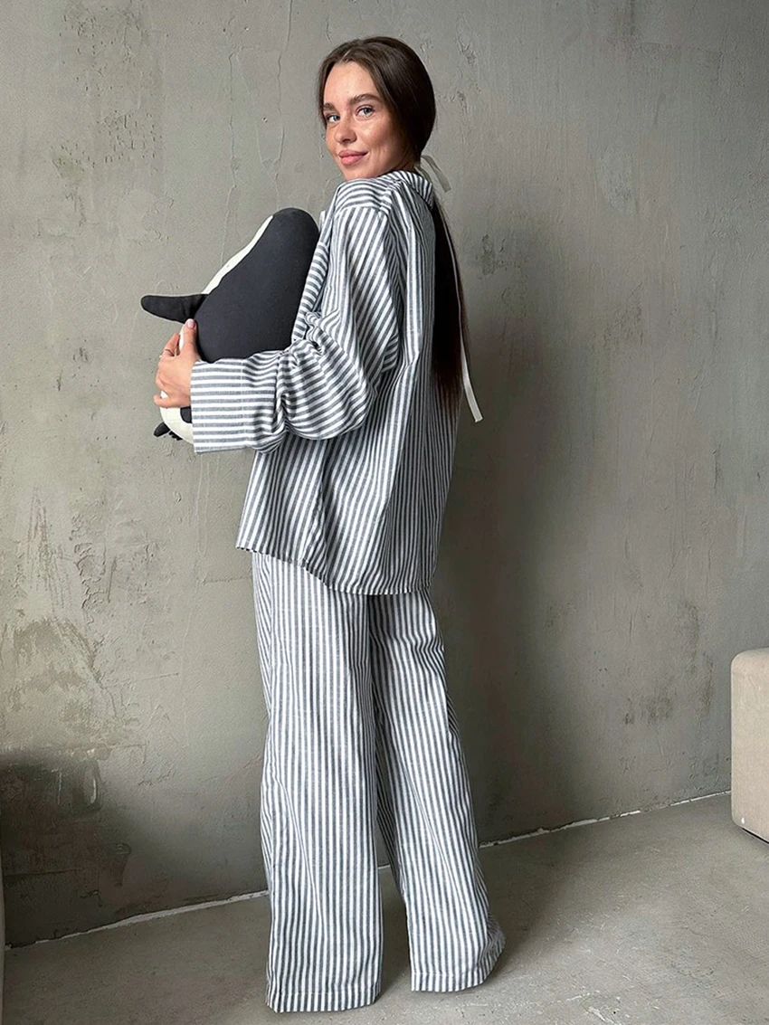 Marthaqiqi Striped Female Sleepwear Suit Long Sleeve Nightwear Sexy Turn-Down Collar Pajamas Wide Leg Pants Loose Nightgowns Set