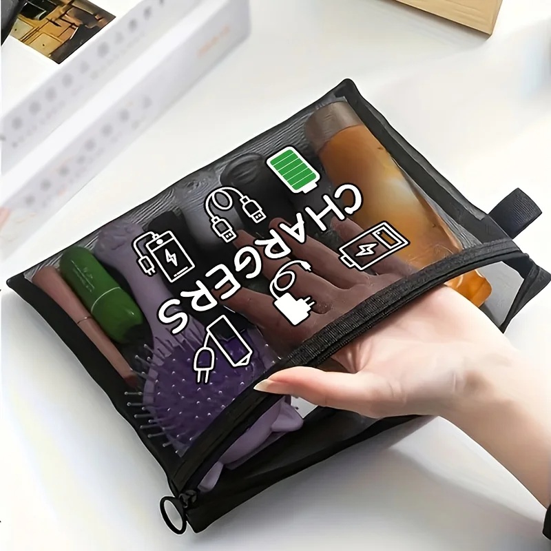 Charger Print Mesh Makeup Bag Travel Cable Storage Pouch Electronics Accessories Unisex Nylon Zipper Organizer for Toiletries