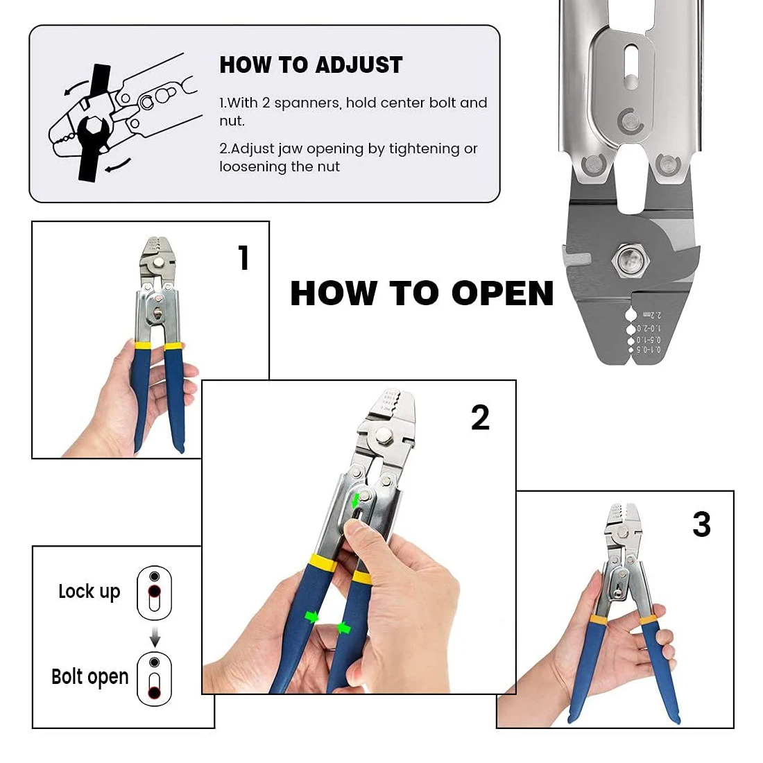 Wire Rope Crimping Plier 4 Sizes Aluminum Ferrules-Accommodates Cables up to 2.2mm for Loop Sleeves and Swaging Crimper Tool