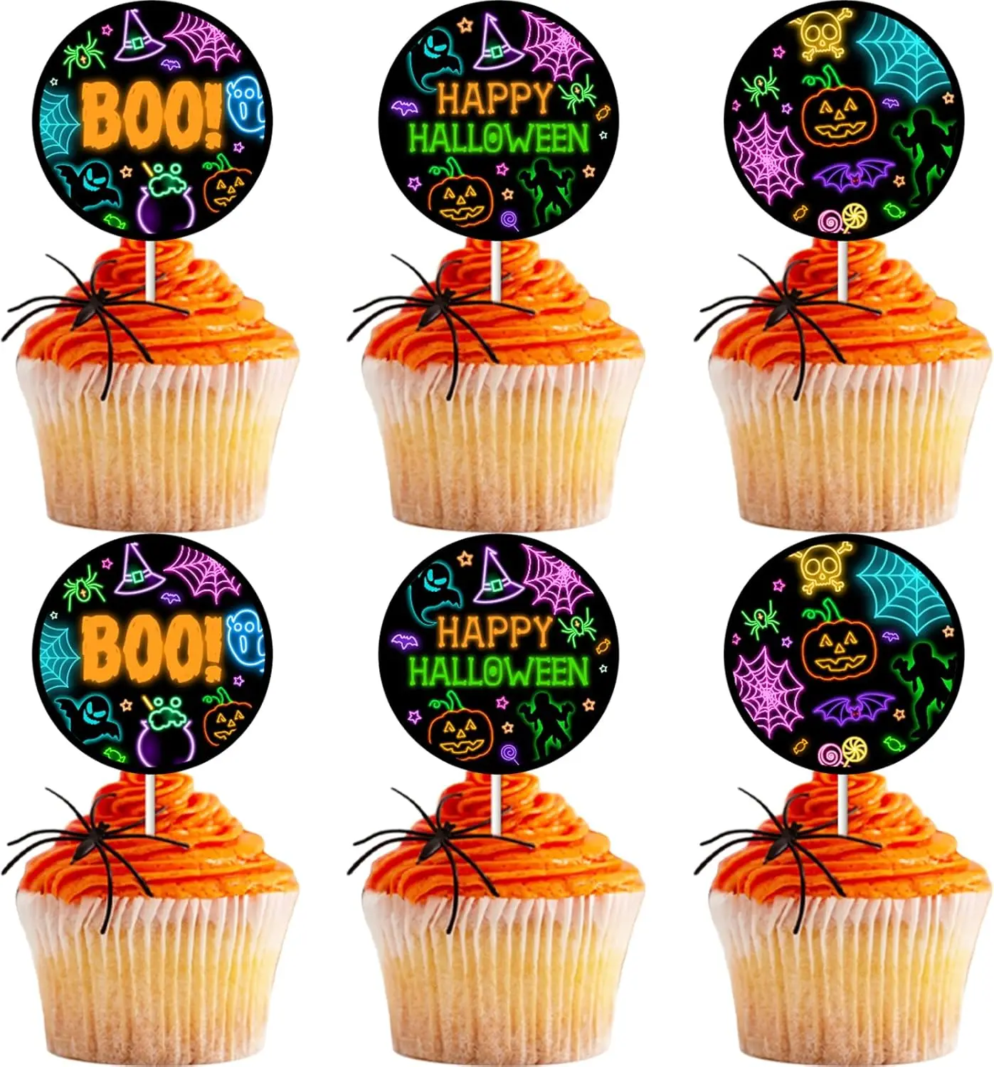 

Joymemo Halloween Cupcake Toppers, 36pcs Neon Happy Decorations Cupcake Toppers with Pumpkin Spider Bat Ghost for Birthday Party