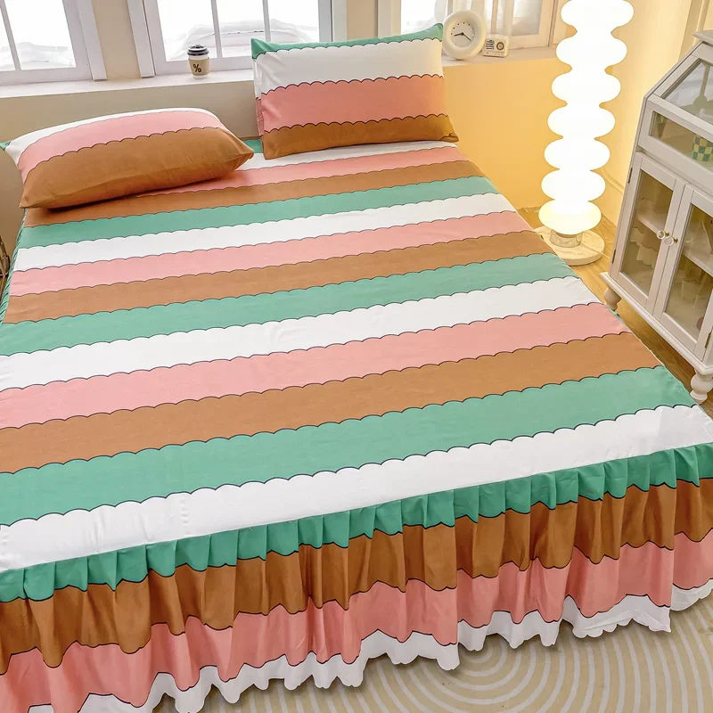 Multicolor Stripes Bed Skirt Geometric Wrap Around Bedskirt Microfiber 3 Side Coverage Dust Ruffle Bed Sheet With 2 Pillowcases