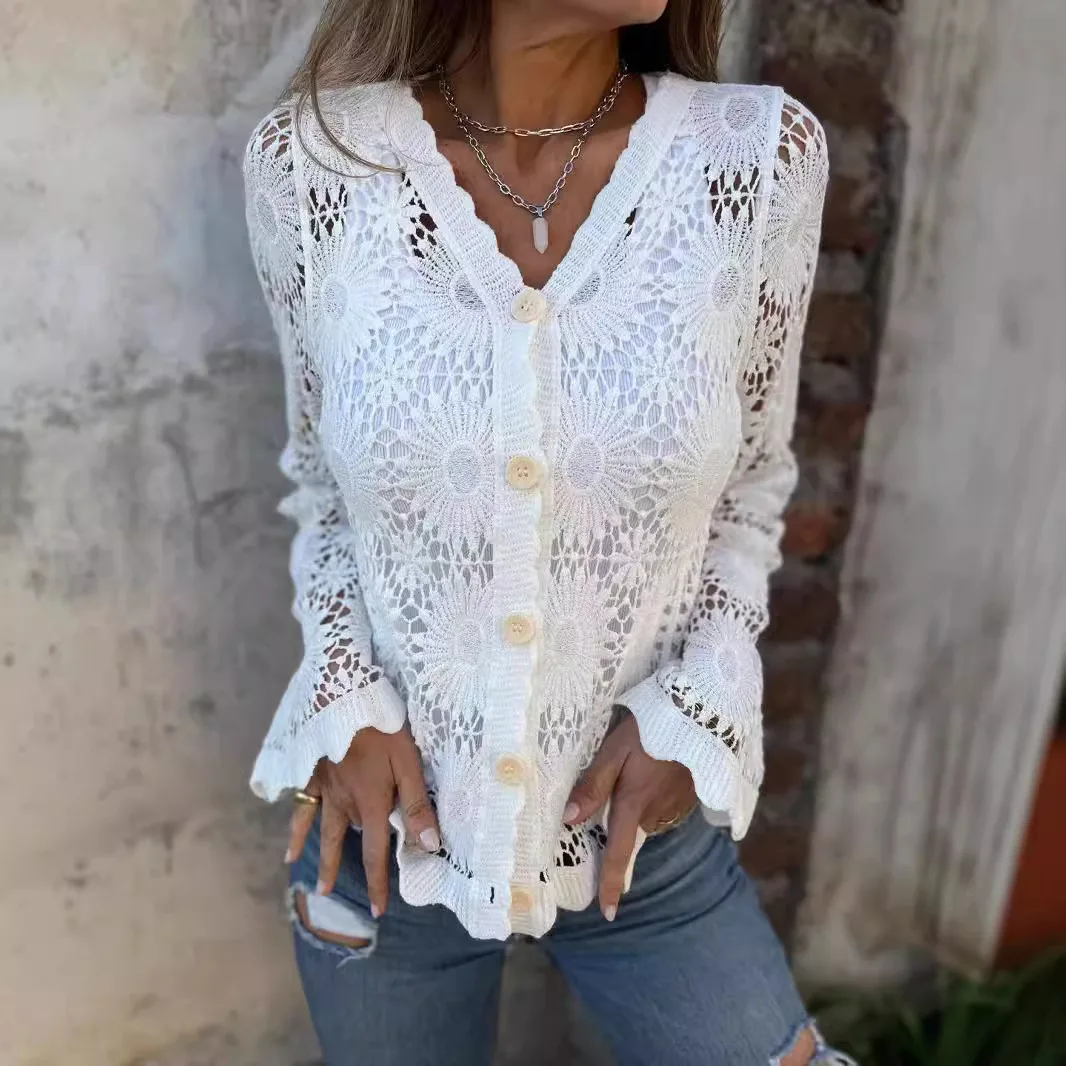 2025 nuevo cárdigan de manga larga para mujer, blusa con ribete de encaje y cuello en V, camisa ajustada con mangas voladoras y temperamento