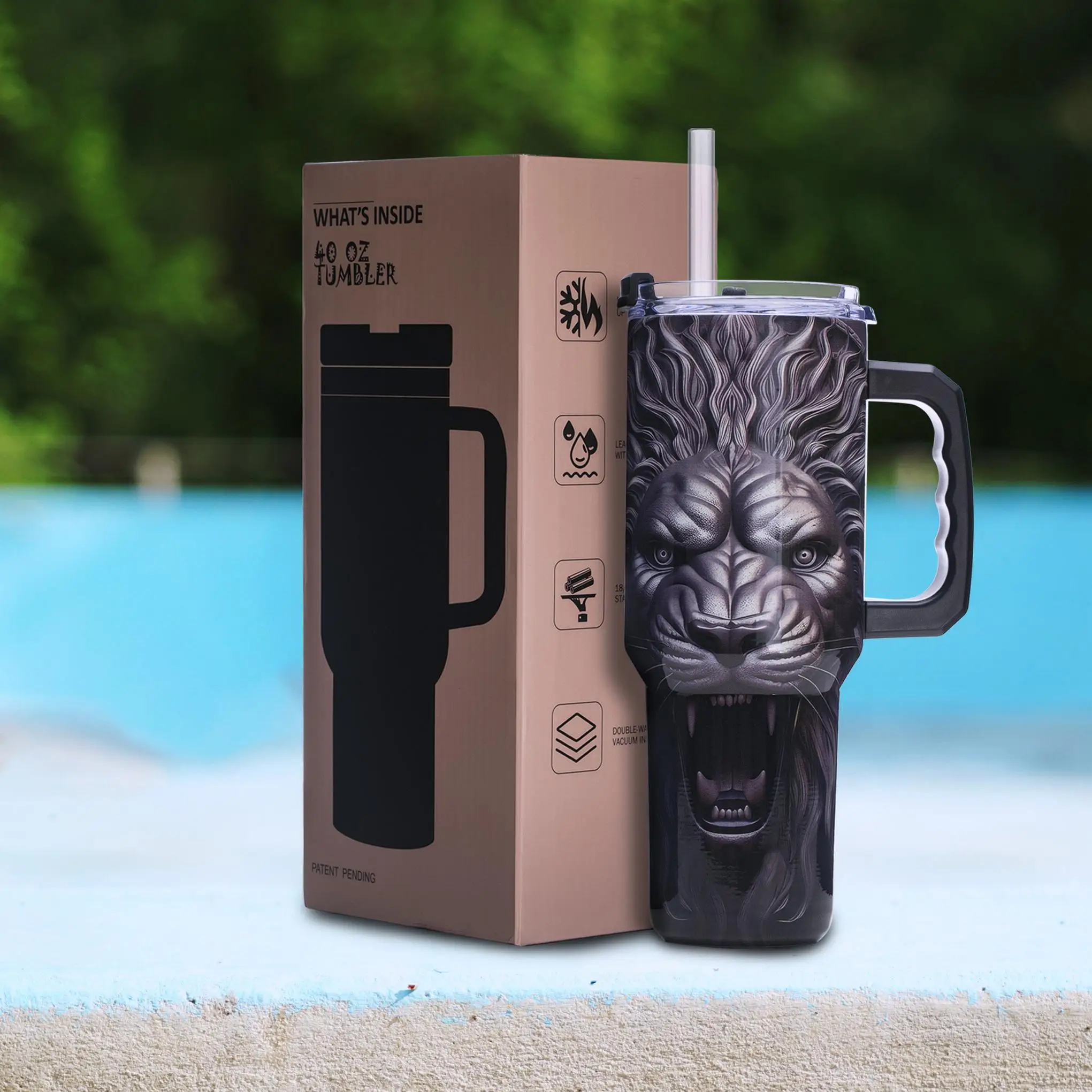 

40oz Stainless Steel Insulated Coffee Tumbler with Bold Lion Artwork, Wide Mouth, Flip Lid, Anti-leak Cup for Grandpa Gift