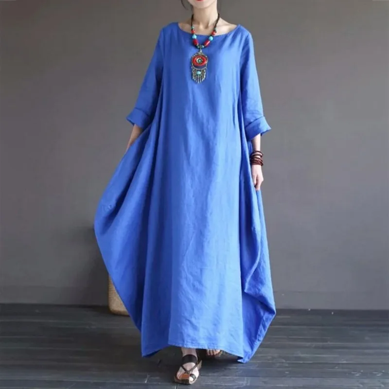 

2023 new Women Irregular Leisure Loose Fitting Linen Shirt Tunic Pullover Blouse Baggy Tops Round Neck Comfy Cotton Dress