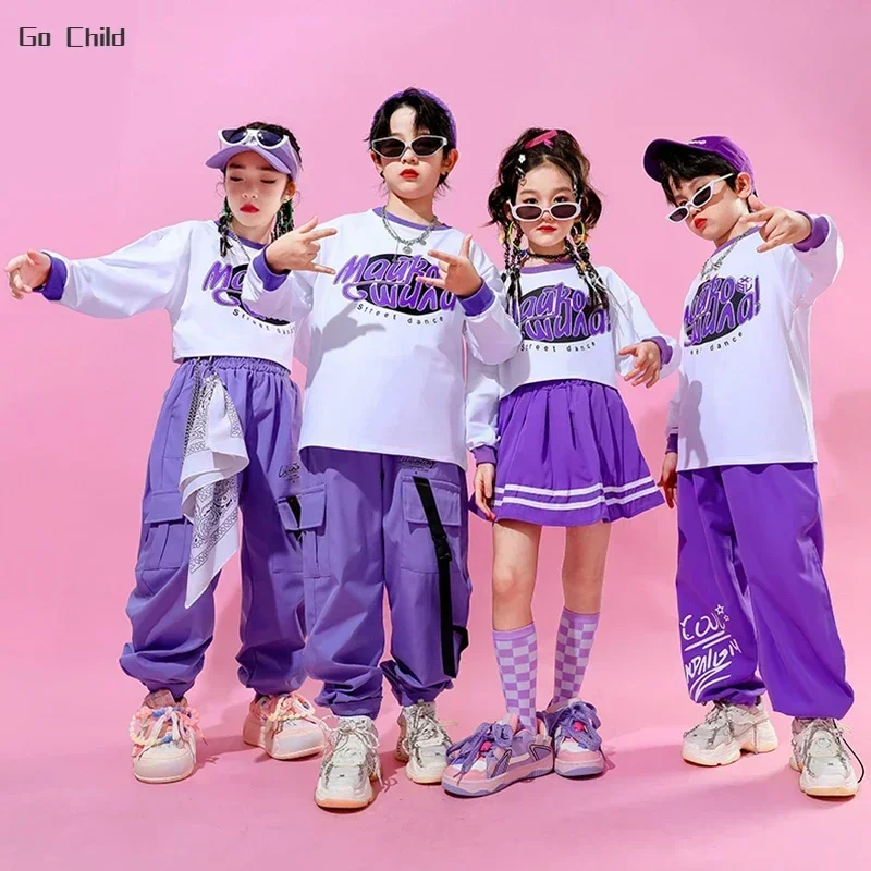 Hip Hop Girls Crop Top Skirts Purple Clothes Sets Boys Jazz Vest Sweatshirts Street Dance Cargo Pants Children Kids Streetwear