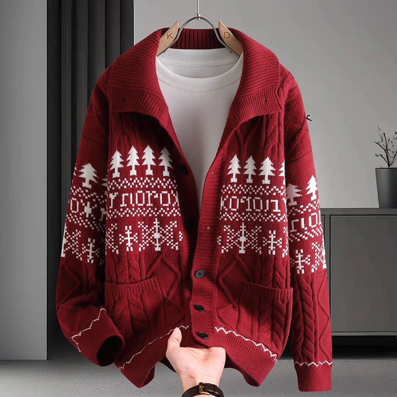 

Men's Knitted Open Cardigan Jaet Thiened Loose Fit Casual Collar Autumn Winter Faion Brand Polyester Fiber Long Sve