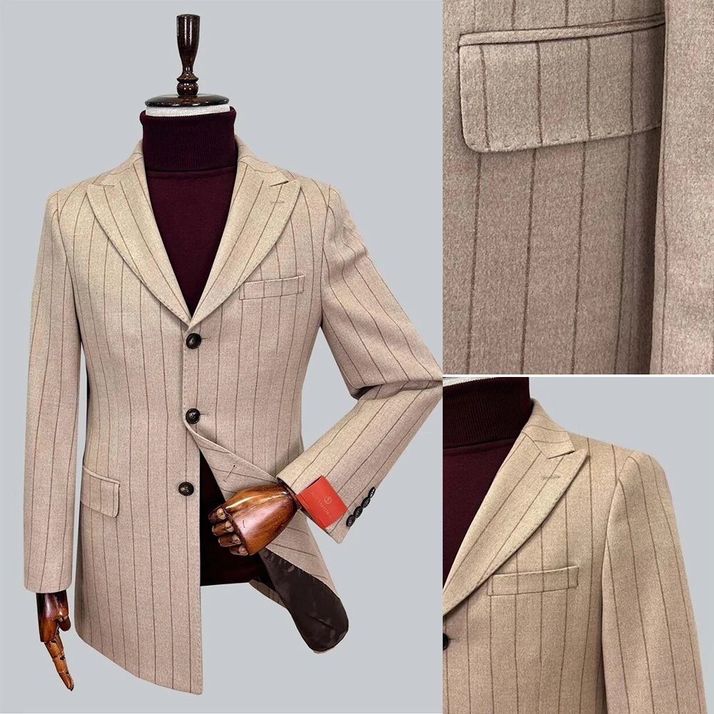 

British Pinstriped Men's Suit Coat Peaked Lapel Tuxedos Single Breasted Groom Wear Business Party Only Blazer Customized