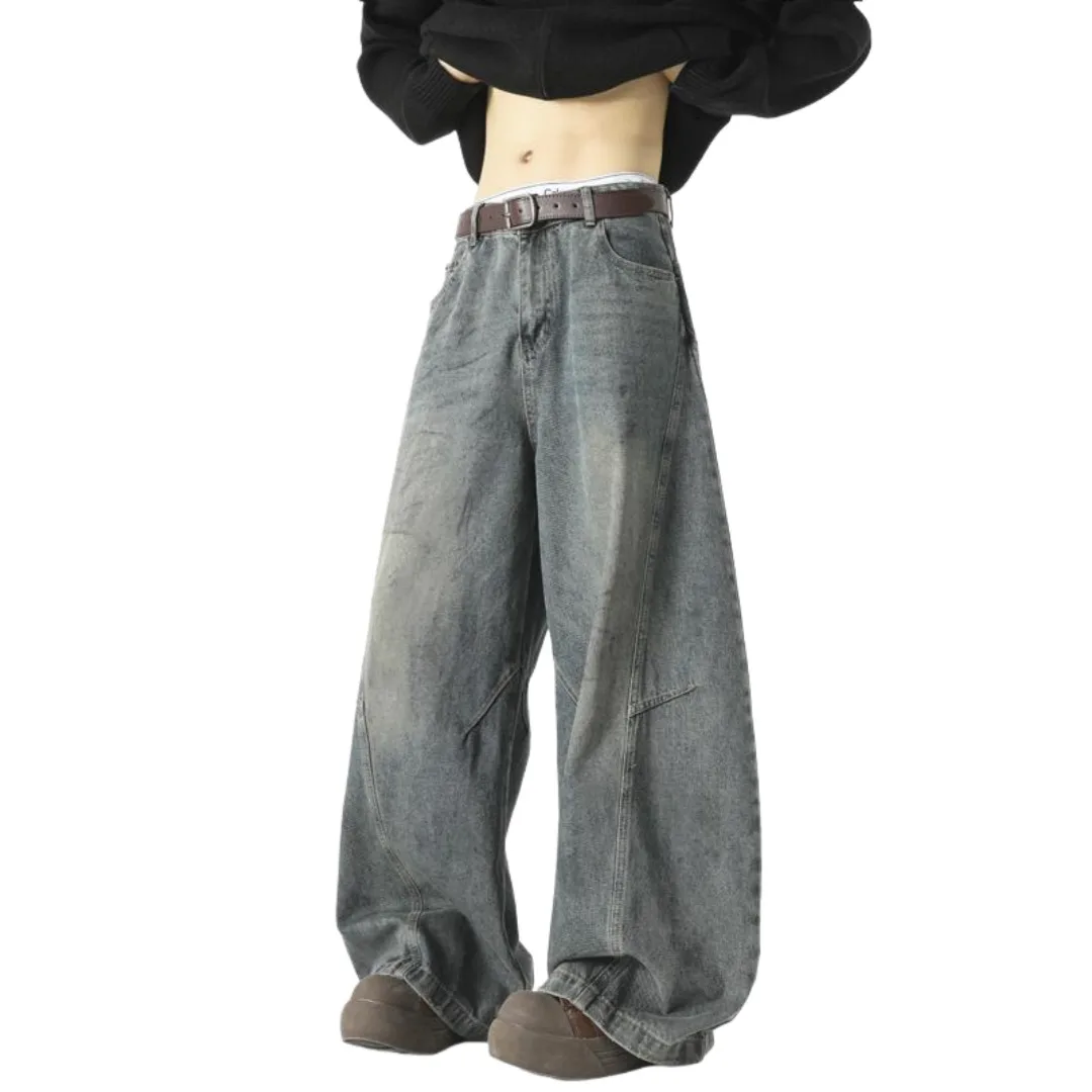 

Autumn Winter Men's Women Vintage Washed Jeans Oversized Design High Waist Denim Pants Streetwear Loose Wide Leg Trousers