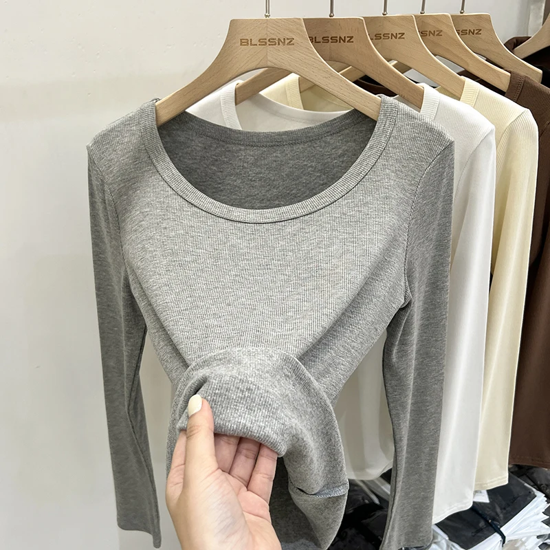 New Fleece-lined Thick Brushed Low O-Neck Autumn Winter Solid Slim Long-Sleeved T-shirt Women Simple Versatile Base Layer Top