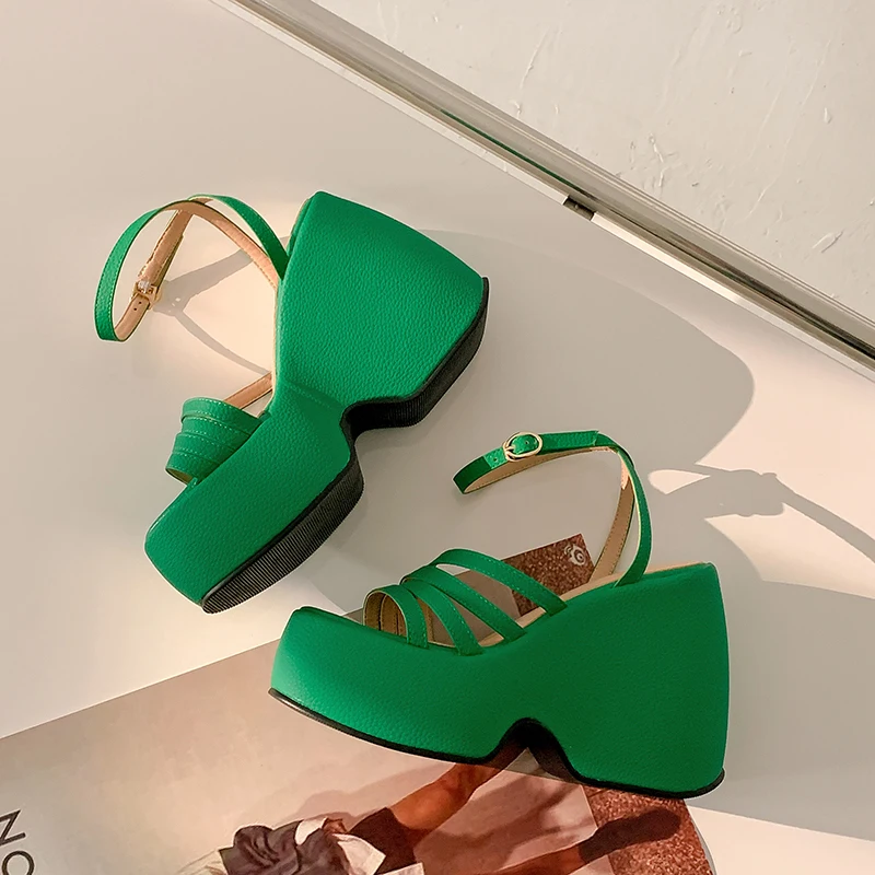 2022 Luxury Brand New Designer Women Dress Shoes Green Orange Open Toe Platform Heels Woman Summer High-Heeled Wedges Sandals