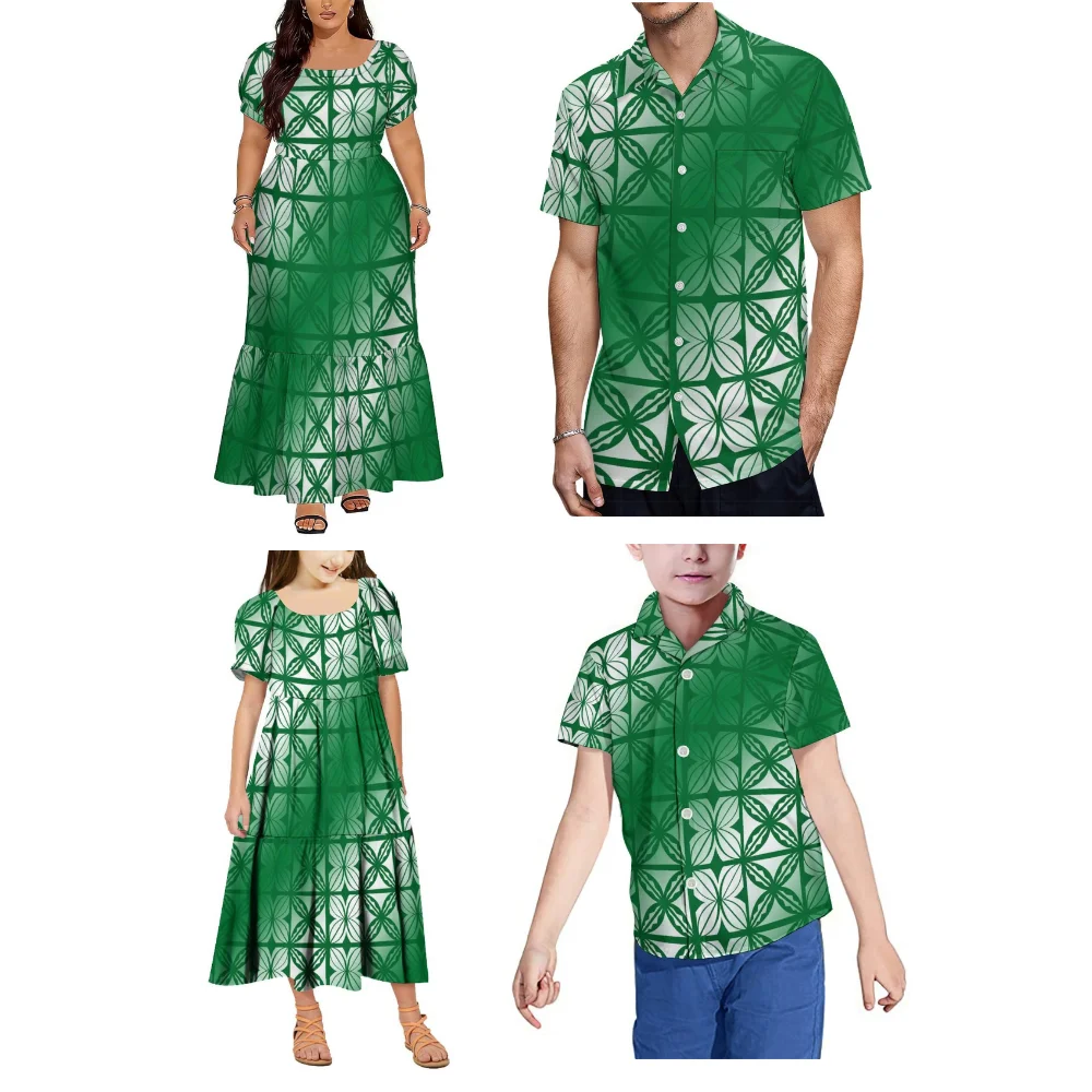 

Customized Pattern Polynesian Style High-Quality Adult And Children'S Sets Square-Neck Women'S Dress Men'S Short-Sleeved Shirt
